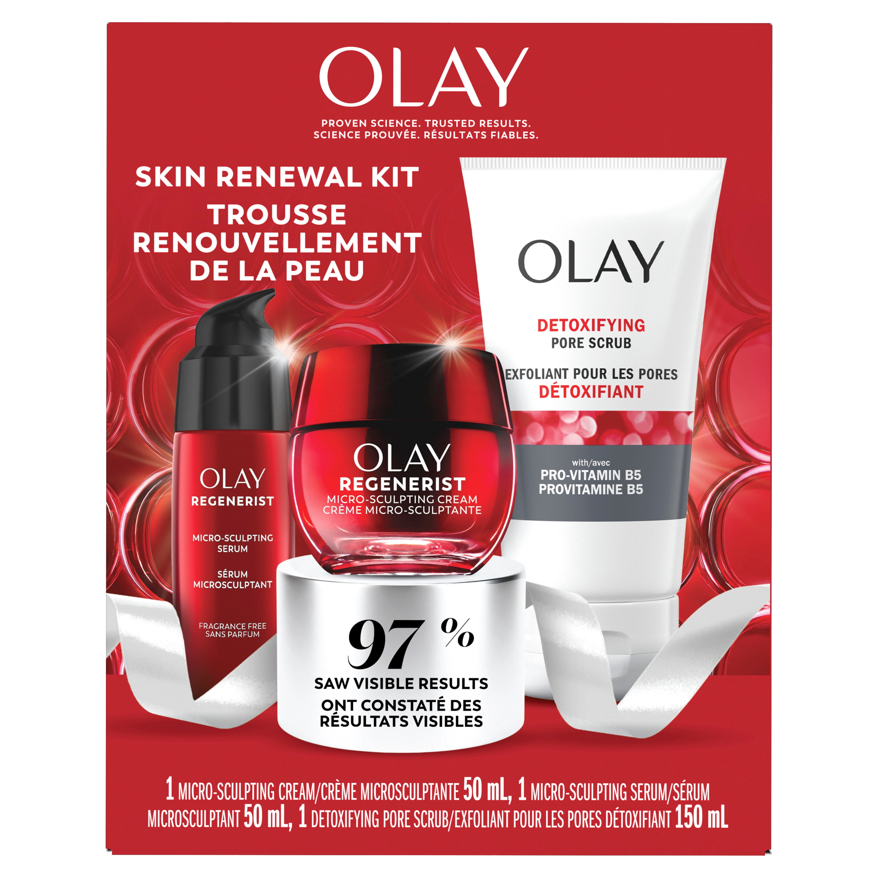 Olay Regenerist Skin Renewal Kit, 3 Piece Gift Set, Olay Anti-Aging Micro-sculpting Face Cream Fragrance Free 50mL, Olay Anti-Aging Regenerist Serum 50mL, Olay Detoxifying Pore Scrub 150mL