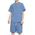 thumbnail image 3 of XZNGL Denim Shorts men Casual Button Pullover Linen Stand Collar Short Sleeve T-Shirt Elastic Shorts Two-Piece Set Shorts for Men Casual Men Shorts Casual, 3 of 5