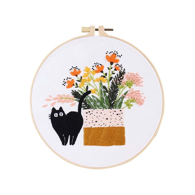 Needle and Thread Cat Hand Embroidery Kit for Beginners with Floral Modern Botanical Patterns Complete Stitching Art Set Easy Great Ideal Bundle