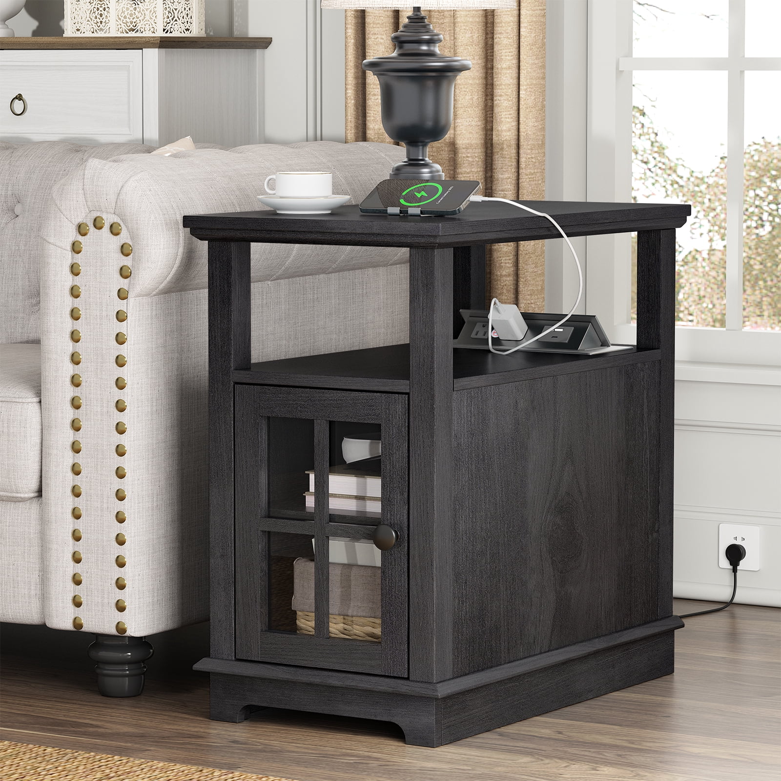 FAGAGA End Tables for Living Room,Wooden Nightstand for Bedroom with Charging Station,Blackgrey