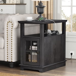 FAGAGA End Tables for Living Room,Wooden Nightstand for Bedroom with Charging Station,Blackgrey