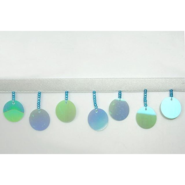 Altotux Beaded Trim 1-1/2" Multi-Color Round Sequins Glass Bead with 3/8" Ribbon (Light Blue)