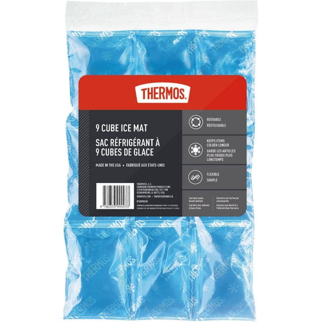 Thermos Tapis de Glace Réutilisable à 9 cubes en Bleu avec Neuf cubes Flexibles Remplis de Solution à Base d'Eau Disposés dans une Grille 3x3, Fait de Polyéthylène Thermoscellé, avec une Étiquette Rouge et Noire avec des Détails sur la Marque et le Produit, Idéal pour les Sacs à lunch et les Glacières pour Garder les Articles Plus Froids Plus Longtemps et Réutilisable pour Multiples Usages.