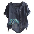 thumbnail image 2 of TopLLC Chemises Mexicaines pour Femmes Hauts Brodés Traditionnels Tunique Décontractée à Fleurs pour Femmes Col Rond Manches Courtes Chemises en Lin, 2 of 5