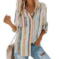 thumbnail image 3 of Cameland Blouses Mode pour Femmes Col en V Rayé Manches Retroussables avec Poche Chemise Ample, 3 of 6