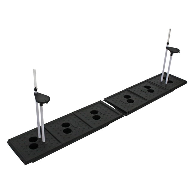 Self Watering Kit for VegTrug Classic - Medium showing a black modular insert with six rectangular sections, each with two circular holes and perforations, featuring two white vertical fill meters with black funnel covers to prevent debris, designed to supply water continuously to garden plants.