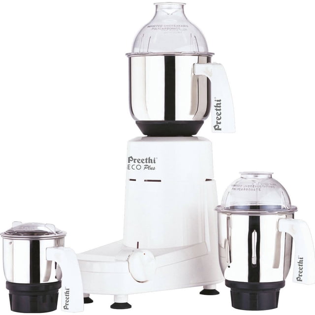 Preethi Eco Plus Mixer Grinder with a 550-watt motor, three stainless steel jars featuring flow breakers for fine grinding, and ergonomic handles with transparent lids. Designed for countertop use, this small appliance includes a reset switch at the bottom for added safety.