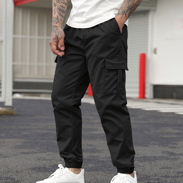 Amzcrzy Men's Pants Men's Casual Solid Pants with Drawstring and Multiple Pockets Small Leg Pants Mens Slacks Pants for Men Men's Clothing Slacks for Men Men Clothing