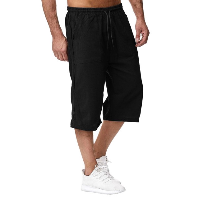 Men's Long Linen Shorts Below Knee Pocketed 3/4 Summer Drawstring Capri Pant