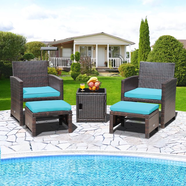 Costway Ensemble de Mobilier de Terrasse en Rotin 5 Pcs Pouf Coussin avec Housse Gain de Place Turquoise