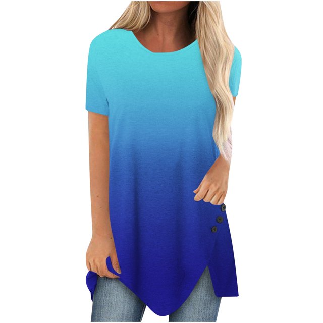 Pompotops Femmes Grande Taille Bouton Imprimé Col Rond Manches Courtes T-shirt Irrégulier Blouse Tops