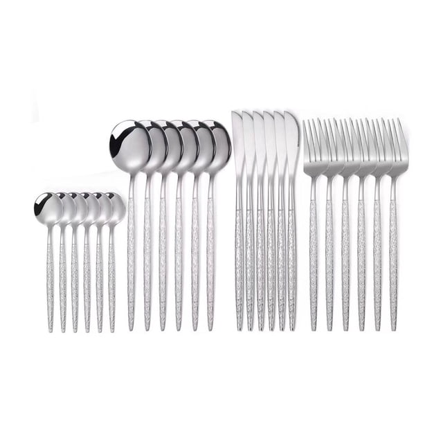 Ensemble de Couteaux à Steak en Acier Inoxydable, Ensemble de Couverts de 30 Pcs, Incluant Couteaux à Steak, Fourchettes, Cuillères et Cuillères à Thé. Cet Ensemble de Couverts Présente des Poignées de Style Martelé avec une Finition Argentée, Conçu pour un Confort Ergonomique et un Attrait Esthétique. Idéal pour les Dressages de table, Il Est Polyvalent pour Divers styles de Repas et Facile à Nettoyer, Conservant Son Apparence au Fil du Temps.