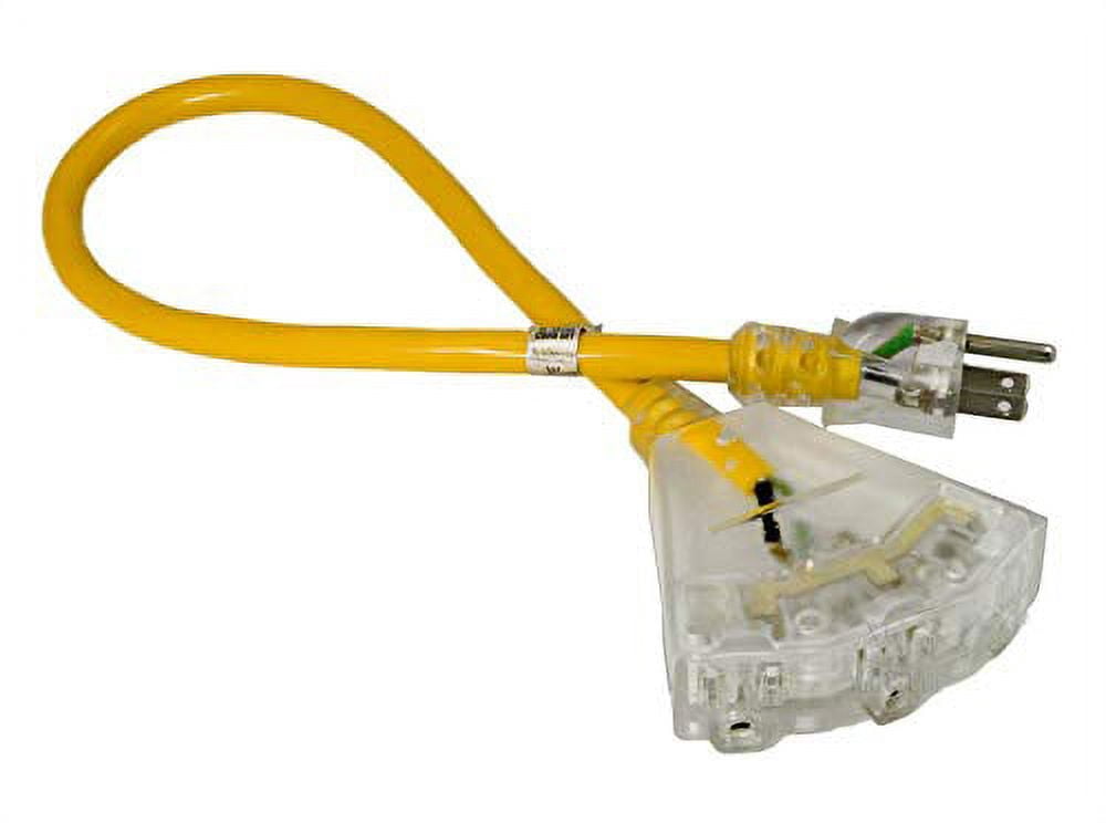 2-ft 12/3 Heavy Duty 3-Outlet Lighted SJTW Indoor/Outdoor Extension Cord by Watts Wire - Short Yellow 2 12-Gauge Grounded 15-Amp Three-Prong Power-Cor