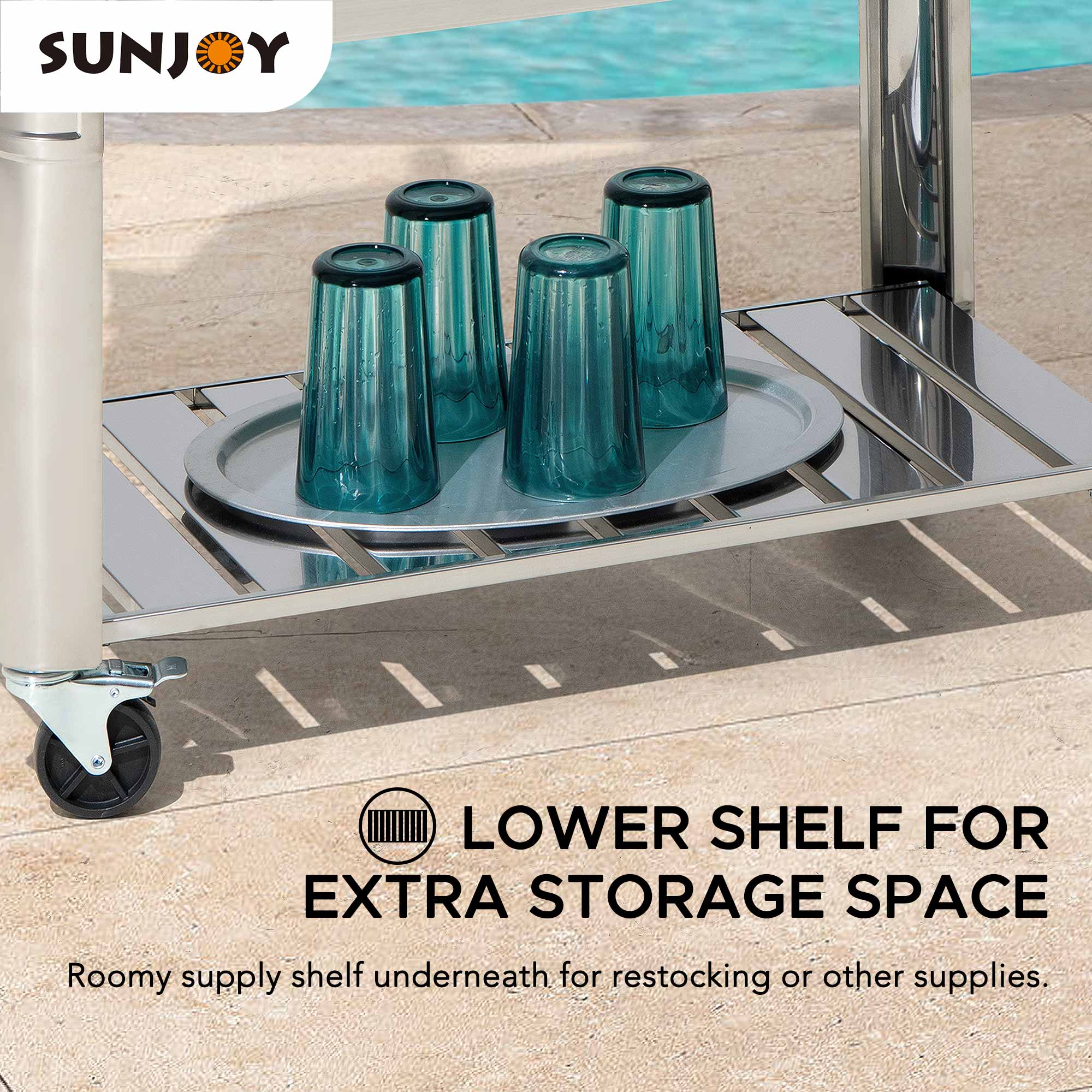 Sunjoy 80 Quart Patio Cooler Cart Stainless Steel Rolling Ice Chest With Steel Bottle Opener, Shelf And Lockable Wheels