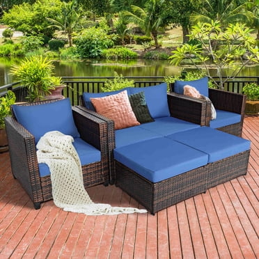 Costway Ensemble de Mobilier de Terrasse en Rotin 5 Pcs Causeuse Sofa Ottoman Coussiné Bleu Marine