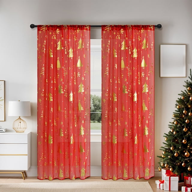 Tunhigl Christmas Window Screens Christmas Tree Print Curtains Large-size Decorative Curtains For Holiday Parties Suitable For Bedroom Window Christmas Decorations
