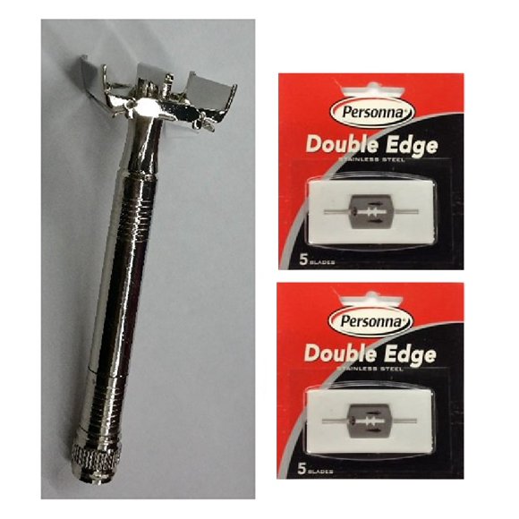 Double Edge Safety Razor + Personna Double Edge Stainless Steel Refill Blades, 5 ct. (Pack of 2)