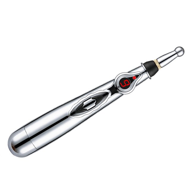 Stylo de Massage d'Acupuncture Électrique par Vobor-CA, Doté d'Un Corps en ABS Argenté Élégant avec Affichage Numérique et Réglages de Vitesse Réglables de 1 à 9. Conçu pour le Massage des Méridiens et des Points d'Acupression, Il Mesure Environ 18,3 x 2,5 cm (7,2 x 1 Po) et Fonctionne avec une Seule Pile AA (Non Incluse).