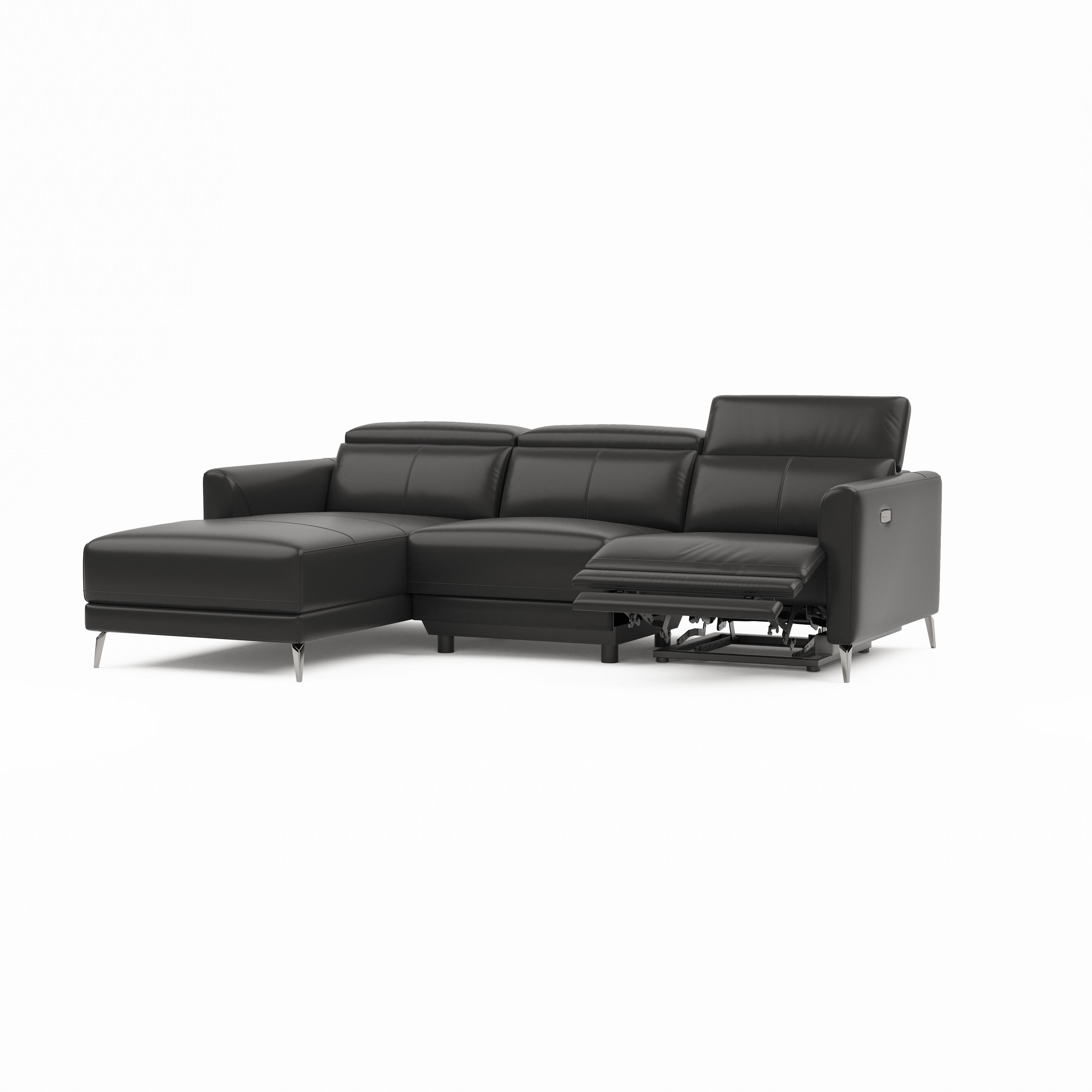 Valencia Andria Modern Left Hand Facing Top Grain Leather Reclining Sectional Sofa 99.5" | Ultra Smooth Luxury Leather, Electric Power Recliner, Stainless Steel Legs Black
