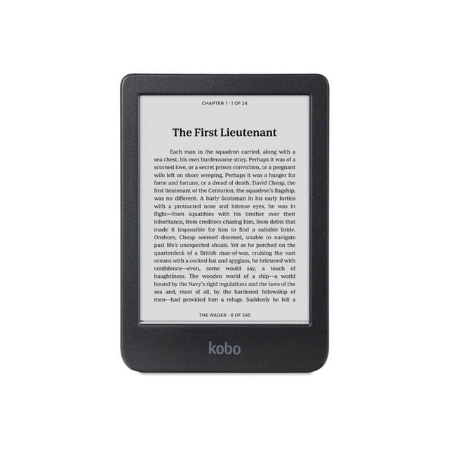 Kobo Clara BW eBook reader with 6-inch glare-free E Ink Carta 1300 touchscreen displaying book text, matte black frame with Kobo logo, 16GB storage, Bluetooth and Wi-Fi 5 connectivity, IPX8 waterproof rating, and ComfortLight PRO for adjustable brightness and blue light reduction.