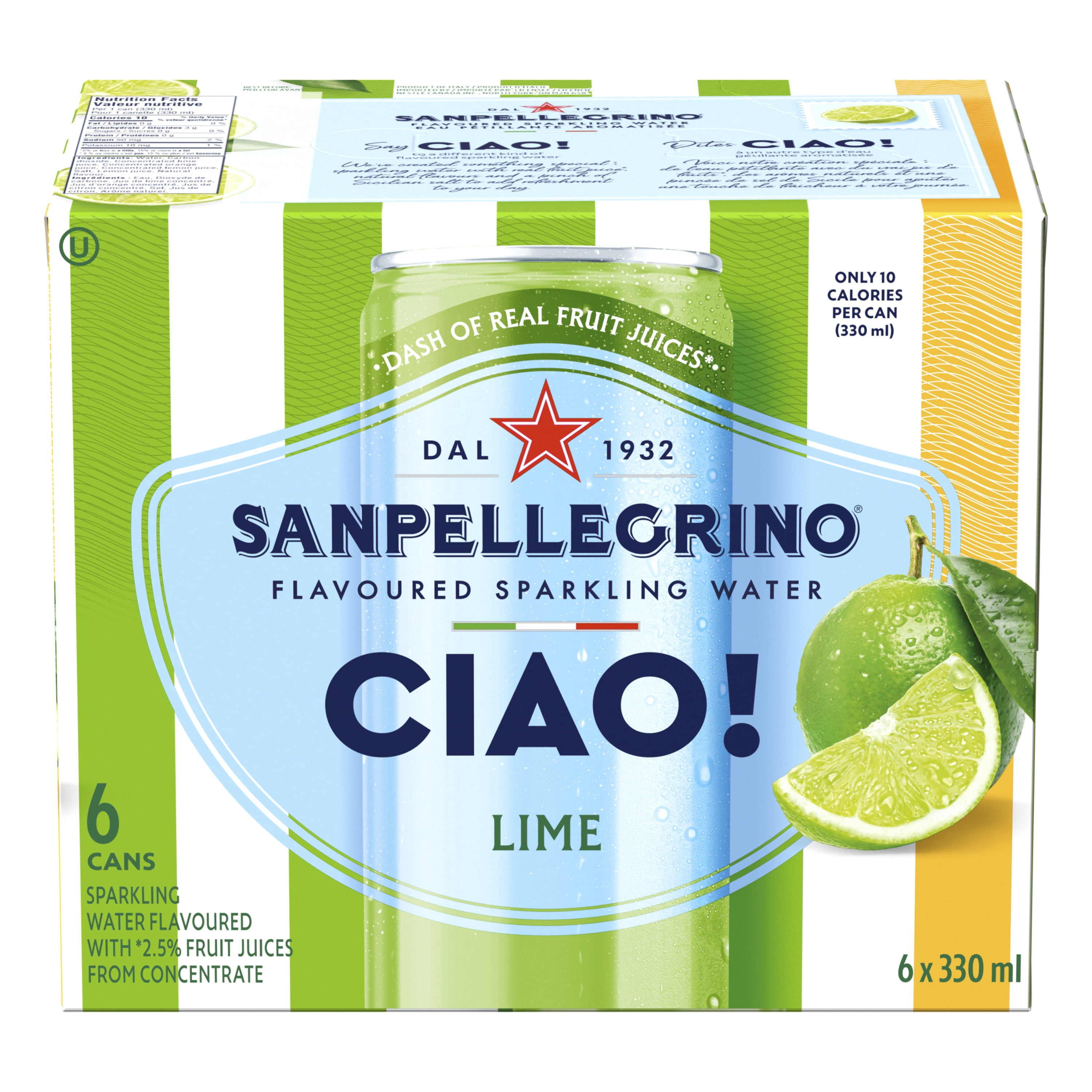 San Pellegrino CIAO! Eau Pétillante Aromatisée à la Lime, Touche de Vrai Jus de Fruits 6x330ml