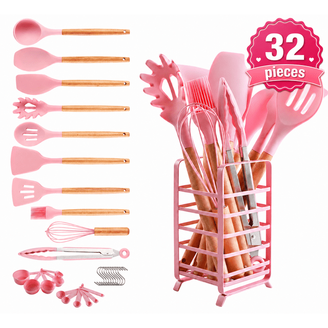 Hecef 32-PCS Silicone Cooking Utensils Set, 446°F Heat Resistant BPA Free for Nonstick Cookware