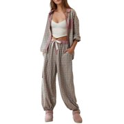 GDREDA Womens Summer Pajamas Sets Womens Christmas Pajama Sets Long Sleeve Shirt Pants 2 Piece Plaid Sleepwear Loungewear Women Pajama Sets pyjamas Red,S