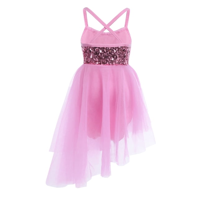Jizyo Robe de Danse Lyrique à Sequins pour Filles Robe Tutu de Ballet Dos Croisé Justaucorps de Gym une Pièce Tenues de Danse Rose m
