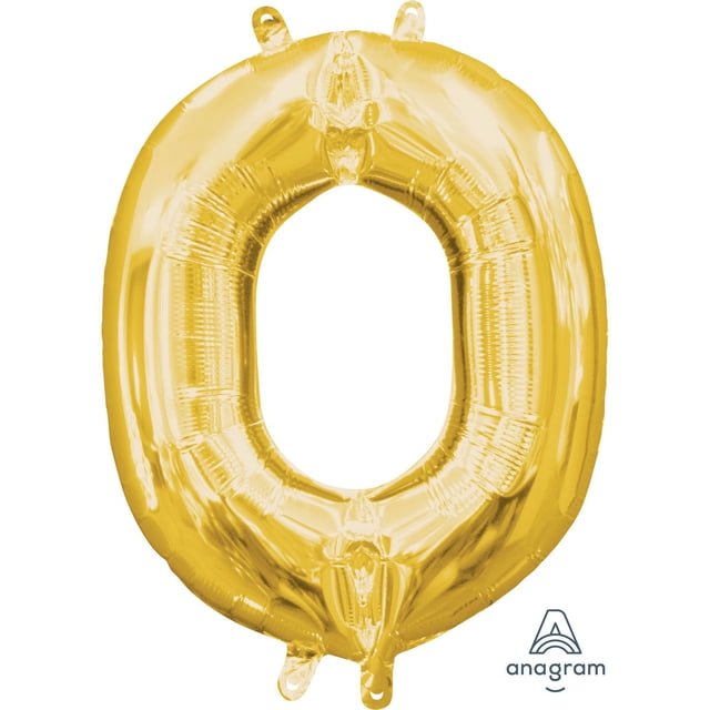 Anagram International Party-Eh! Gold Letter O Balloon inflated with a shiny gold foil surface and four tabs for hanging, designed for easy inflation without helium, suitable for party decorations and celebrations.