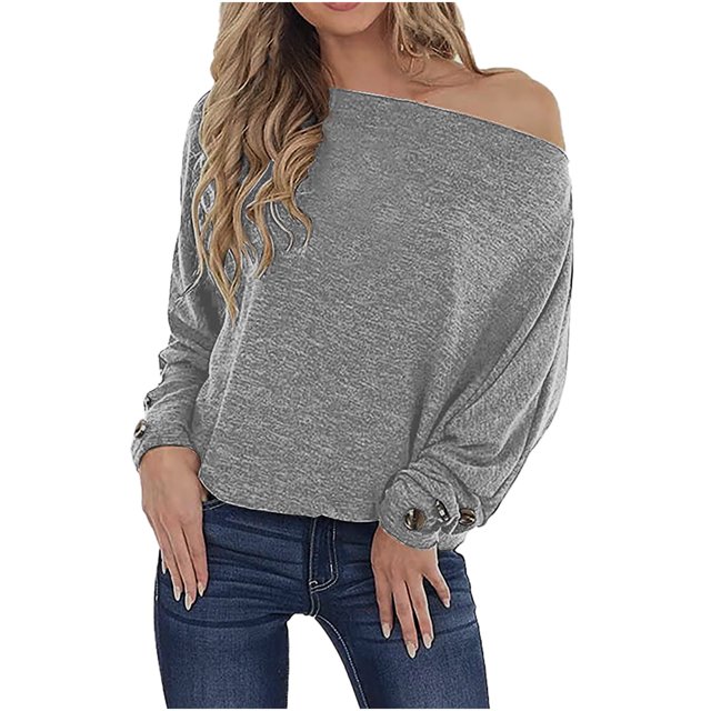 Pompotops Mode Femmes Casual en Vrac Pull-Over de l'Épaule à Manches Longues Bouton Tees Tops