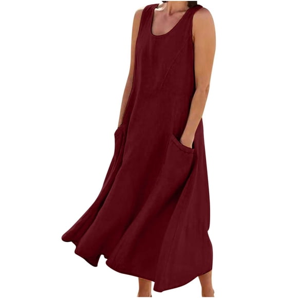 Womens Summer Sleeveless Cotton Linen Long Dress Scoop Neck Casual Flowy Loose Maxi Dress with Pocket for Beach Vacation