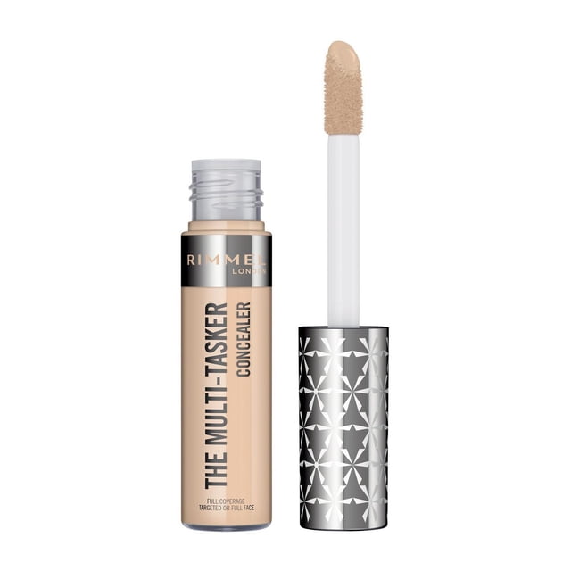 Rimmel Multi-Tasker Concealer, large soft wand, blendable formula, full coverage, crease-proof, transfer-proof & waterproof, 100% Cruelty-Free. Close-up view showing the large soft-wand applicator and ultra-blendable full-coverage formula that conceals blemishes, brightens dark circles and evens skin tone; often used as a base for eye makeup or precise spot correction.