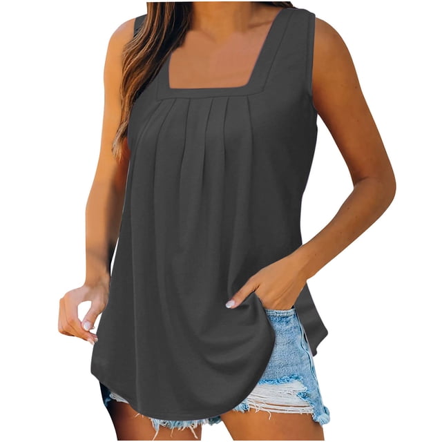 Timegard Womens Tank Tops Solid Color Square Neck Pleated Sleeveless Dressy Casual Tunic Top Basic Tee