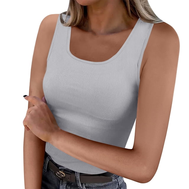 Women's Exercise Tops Womens Tank Tops Round Neck Ribbed Sleeveless Tshirts Casual Basic Slim Fitted Knit Cami Cropped Tee Tops Women's Short Sleeve Sweater Gray S