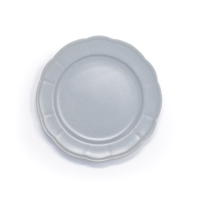 Beautiful Scallop 8 inch Salad Plate in cornflower blue stoneware with scalloped edges and a semi-matte finish, dishwasher and microwave safe, ideal for casual dining and serving appetizers or desserts.
