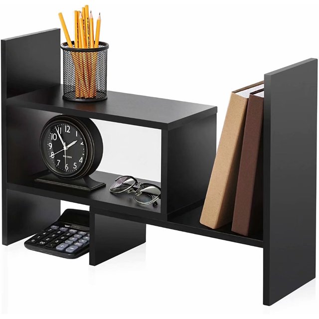 FITUEYES Desktop Bookshelf Adjustable Countertop Bookcase Office Supplies Wood Desk Organizer Accessories Display Rack Black