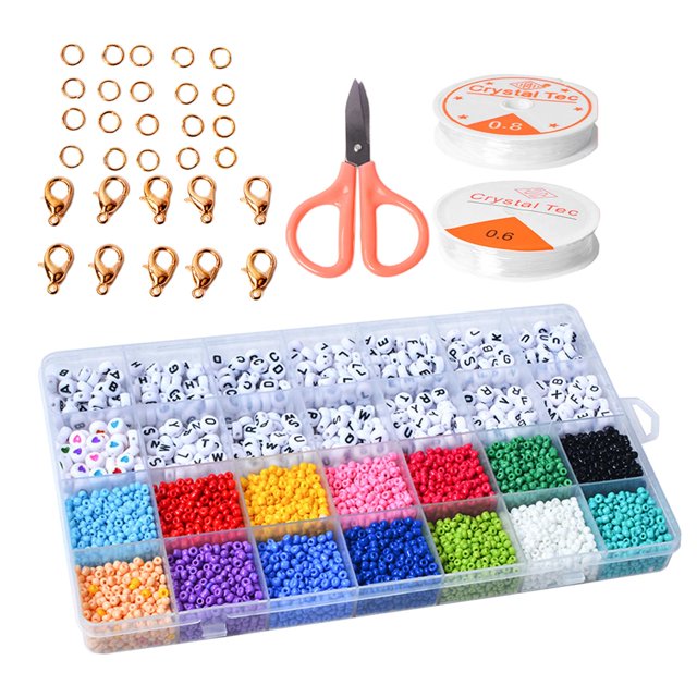 Glass Seed Beads for Jewelry Making Bracelet Beads Small Crafts DIY Bulk. This set features over 4000 pieces of 3mm beads in 14 colors, 500 letter and heart-shaped beads, two rolls of elastic string, 20 open loops, 10 lobster clasps, and scissors. The beads are stored in a 28-grid organizer with fixed dividers for easy organization. Made of durable glass with a smooth surface, these beads are perfect for creating jewelry, embroidery, and other crafts. Ideal for bead weaving, sewing, and DIY projects.
