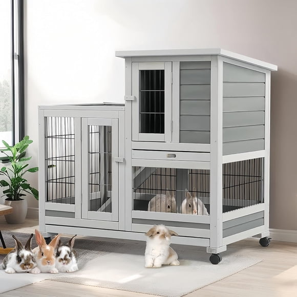 JFHID 37" Indoor Wooden Rabbit Hutch with Run, Wheels, Removable Leak-Proof Trays & Ladder
