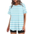 thumbnail image 1 of Mikilon Ensemble Élégant pour Femmes 2 Pcs Mode Décontractée Rayé Imprimé Col Rond Épaule Tombante Short Ensemble Deux Pièces Bleu Clair m, 1 of 4