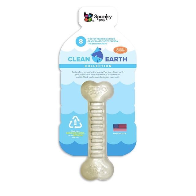 Clean Earth Hard Chews - 100% Sustainable Dog Toy by Spunky Pup, a chicken-flavored, bone-shaped chew toy made from recycled plastic water bottles with ribbed texture, packaged on a blue card highlighting removal of 8 plastic bottles from the environment and made in the USA.