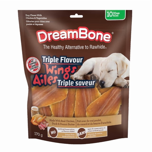 DreamBone Triple Flavor Wings 10 Count dog chews package showing rawhide-free chicken, duck, and peanut butter flavored treats, labeled as a healthy alternative to rawhide, with a sleeping yellow Labrador puppy and bilingual English-French text.