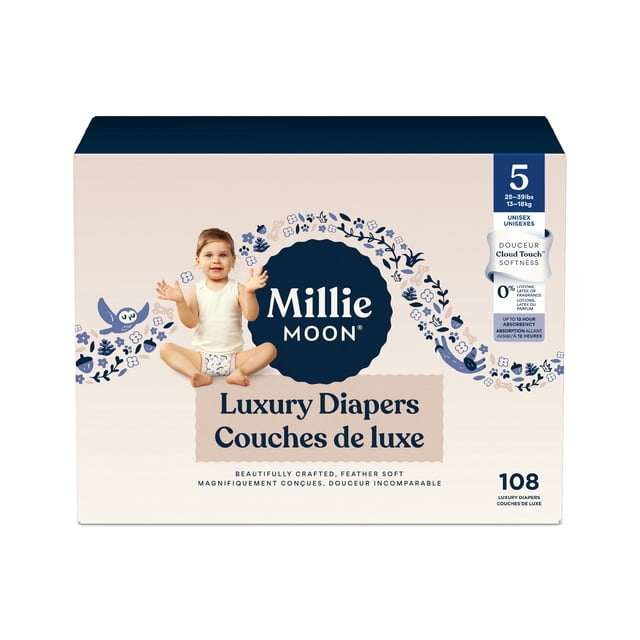 Millie Moon Luxury Diapers, Size 5, 108 Count box featuring a toddler seated wearing a diaper, with blue floral and bird illustrations around the Millie Moon logo. Packaging highlights CloudTouch™ softness, up to 12 hours leak protection, and is free from lotions, latex, and fragrance, for babies 28-39 lbs (13-18 kg).