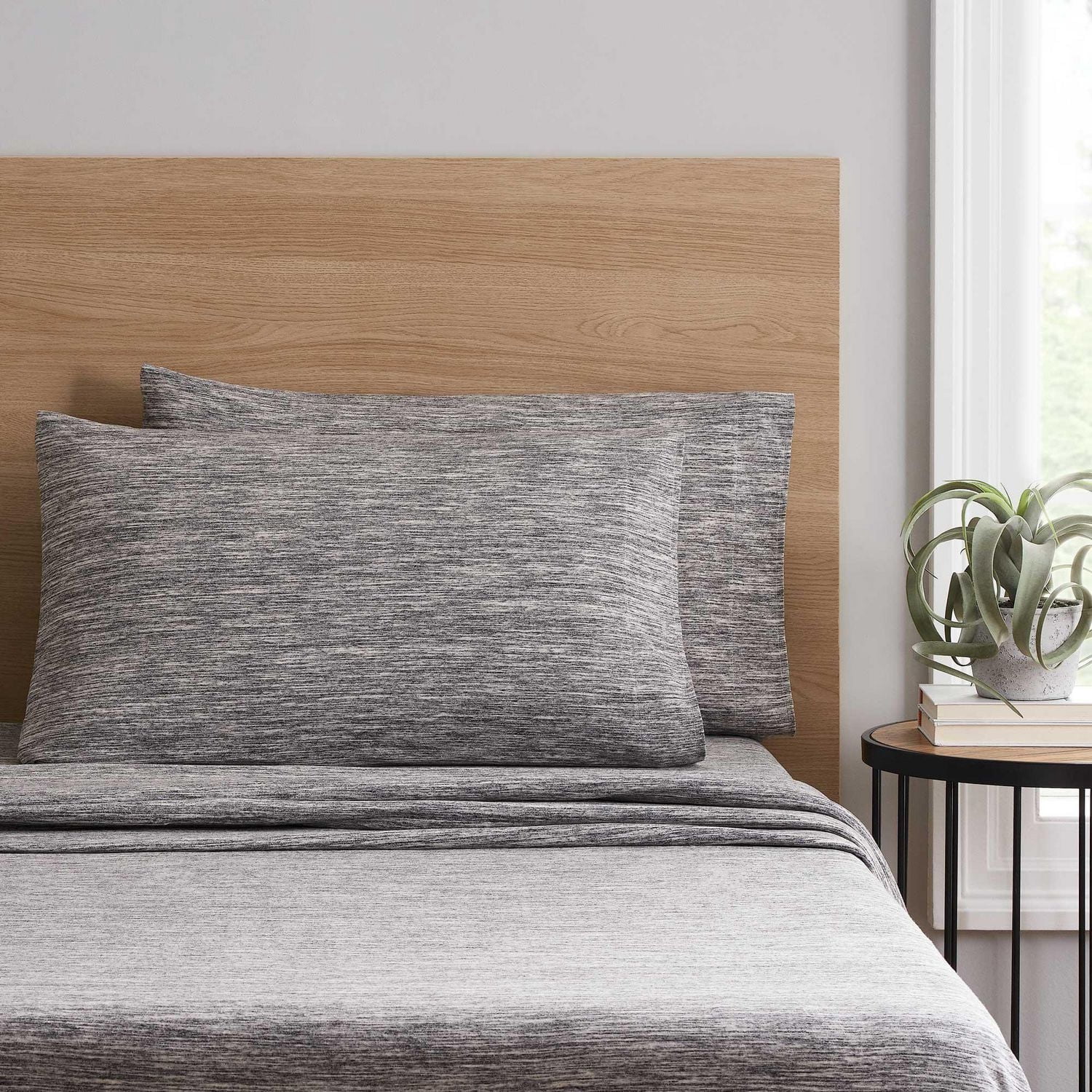 Mainstays – Parure de lit en jersey extra doux, enrichi en coton, pour adulte, Queen, couleur Gris Spacedyed, 4 pièces