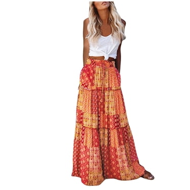 Pisexur Women's Boho Floral Skirt Casual Elastic High Waist Tiered Bohemian Maxi Skirts Flowy A Line Beach Long Skirt with Side Pockets