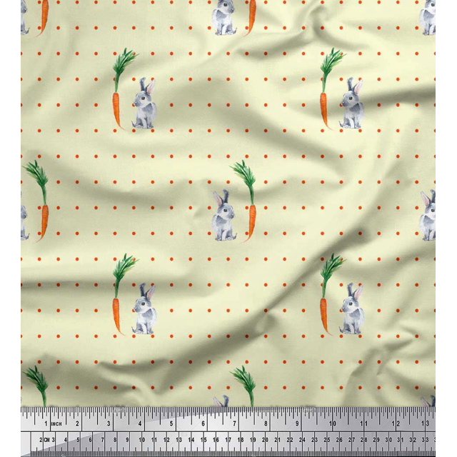 Soimoi Cotton Poplin Fabric Carrot & Rabbit Dots Decor Fabric Printed Yard 56 Inch Wide