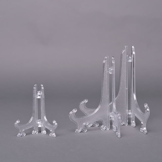 10pcs clear plastic easels plate holders display dish holders and pedestal stands, designed for showcasing plates, pictures, photo books, and collectibles. Folding design for easy storage, available in sizes from 3 to 10 inches. Made of durable PS plastic with sturdy hinges for stability, ideal for home decor or professional displays.