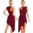 thumbnail image 1 of Aislor Robe de Danse Latine Salsa de Salle pour Femmes, Robe à Ourlet Asymétrique en Patchwork de Maille Transparente, Tenue de Danse, Bourgogne, TG, 1 of 7