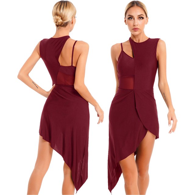Aislor Robe de Danse Latine Salsa de Salle pour Femmes, Robe à Ourlet Asymétrique en Patchwork de Maille Transparente, Tenue de Danse, Bourgogne, TG