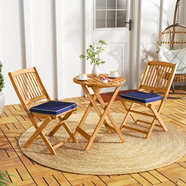 Costway Ensemble Bistro Pliant en Bois pour Patio 3 Pcs Chaise Rembourrée Conversation Coussin Bleu Marine