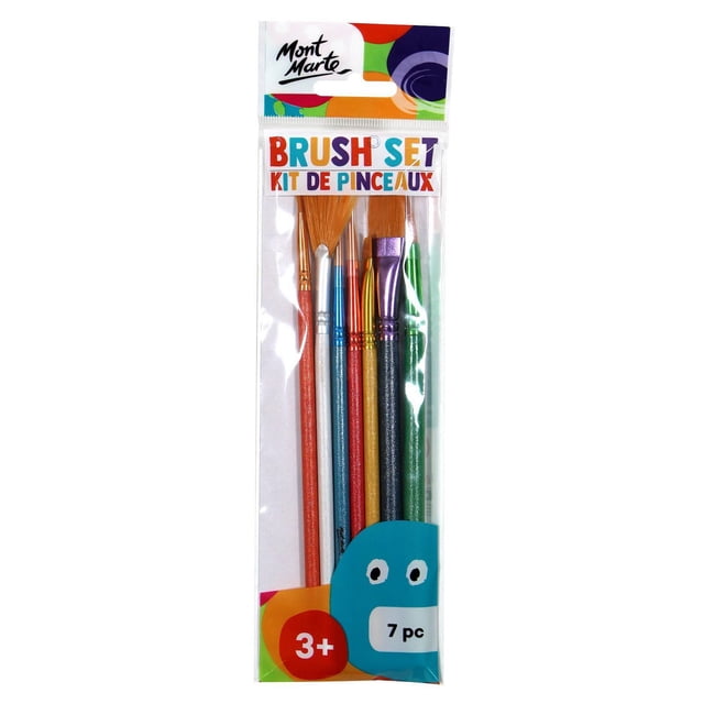 MONT MARTE Kids Paint Brush Set, 7 pcs featuring soft synthetic bristles and colorful birch handles sized for children aged 3 and up, packaged in clear plastic. Brushes vary in size and shape, suitable for kids' painting and craft projects.